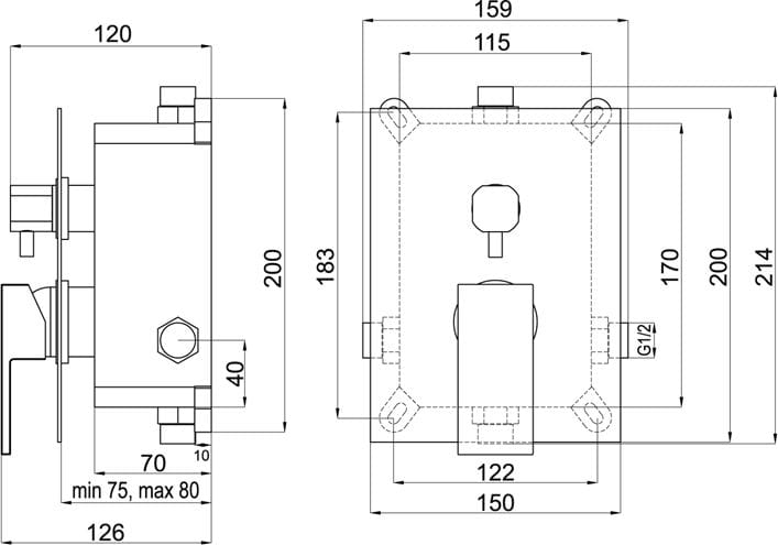 NOVASERVIS NOBLESS EDGE podomietková batéria, pre 2 spotrebiče, s telesom, chróm BOX36051R,0 Technický nákres