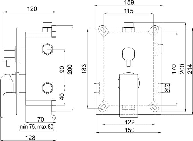 NOVASERVIS NOBLESS SHARP vaňová podomietková batéria, pre 3 spotrebiče, s telesom, chróm BOX37051RX,0 Technický nákres