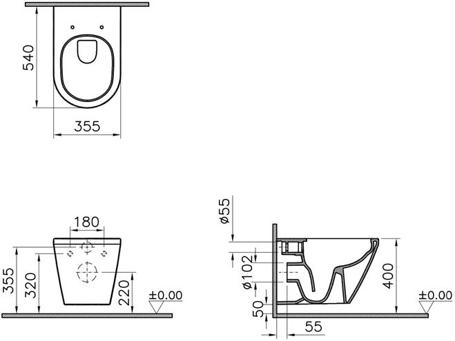 VITRA INTEGRA závesné WC, Rim-ex splachovanie, VitrAhygiene 7062B003-0075 Technický nákres