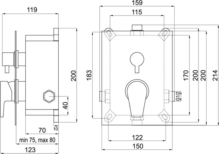 NOVASERVIS NOBLESS VISION X podomietková batéria, pre 2 spotrebiče, s telesom, chróm BOX42051R,0 Technický nákres