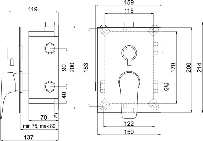 NOVASERVIS TITANIA NICE vaňová podomietková batéria, pre 3 spotrebiče, s telesom, chróm BOX97051RX,0 Technický nákres