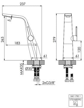 STEINBERG 260 umývadlová stojanková batéria, chróm 260 1700 1 Technický nákres