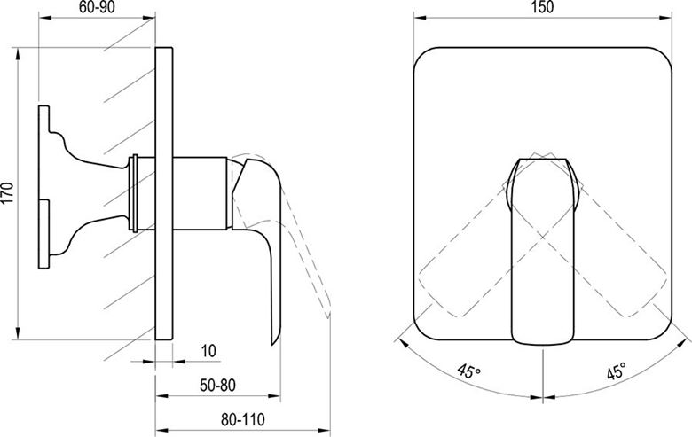 RAVAK FLAT sprchová podomietková batéria, chróm X070124 Technický nákres