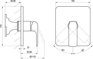 RAVAK FLAT sprchová podomietková batéria, chróm X070124 Technický nákres
