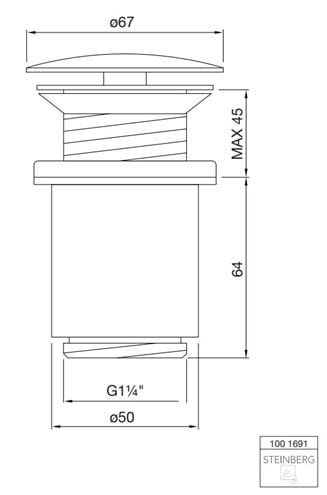 STEINBERG 100 umývadlový výpust 5/4", click-clack, pre umývadlá bez prepadu, chróm 100 1691 Technický nákres