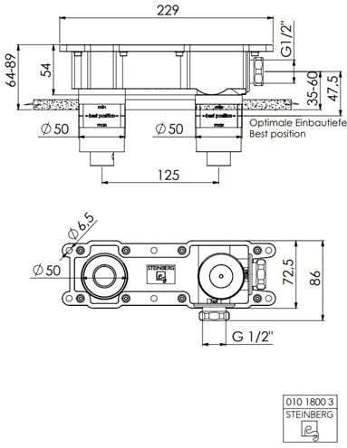 STEINBERG STEINBOX podomietkové teleso G 1/2 010 1800 3 Technický nákres