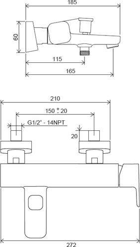 RAVAK 10° TD F 022.00 FREE vaňová nástenná batéria, s prepínačom, chróm X070131 Technický nákres