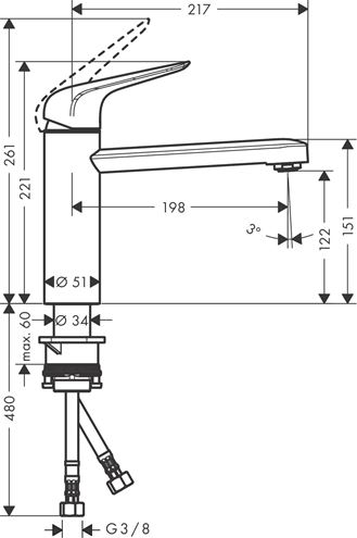 HANSGROHE FOCUS M42 drezová batéria, chróm 71806000 Technický nákres