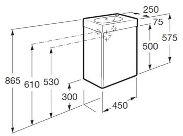 ROCA MINI skrinka s umývadlom 45x25x57, 5 cm, 1 dvierka, lesklá biela A855873806 Technický nákres