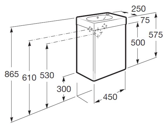 ROCA MINI skrinka s umývadlom 45x25x57, 5 cm, 1 dvierka, lesklá biela A855873806 Technický nákres