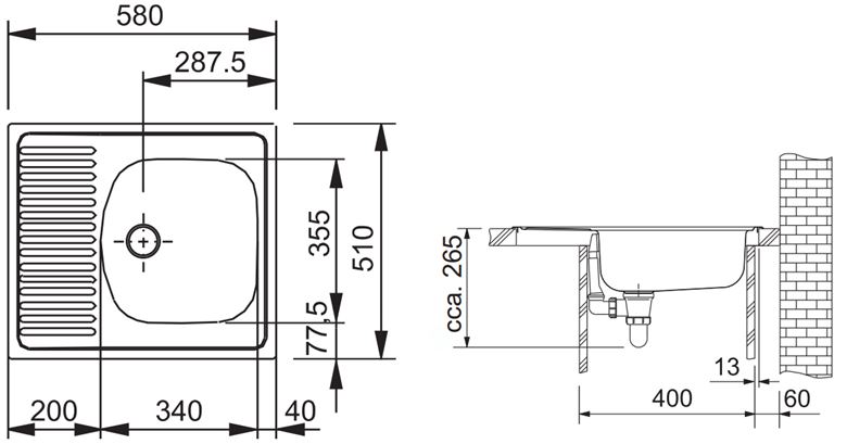 FRANKE EUROSTAR ETN 611-58 nerezový drez 580x510 mm, otočný, odkvapkávač 101.0286.108 Technický nákres