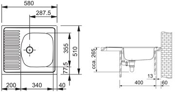 FRANKE EUROSTAR ETN 611-58 nerezový drez 580x510 mm, otočný, odkvapkávač 101.0286.108 Technický nákres