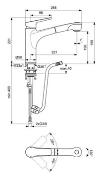 CONCEPT 200 drezová batéria, s vyťahovacou sprškou, chróm BC601AA Technický nákres