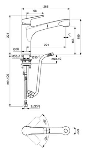 CONCEPT 200 drezová batéria, s vyťahovacou sprškou, chróm BC601AA Technický nákres