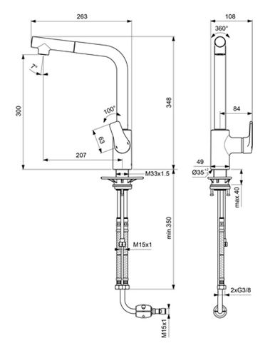 CONCEPT 200 drezová batéria, s vyťahovacou koncovkou, chróm BC603AA Technický nákres