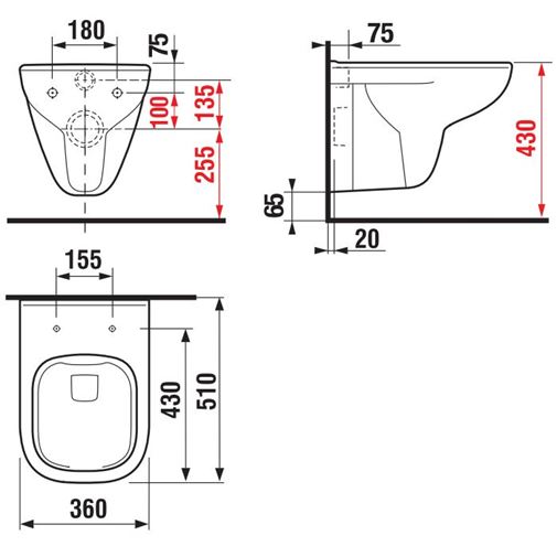 DEEP BY JIKA závesné WC, Rimless splachovanie H8206140000001 Technický nákres