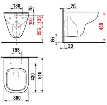 DEEP BY JIKA závesné WC, Rimless splachovanie H8206140000001 Technický nákres