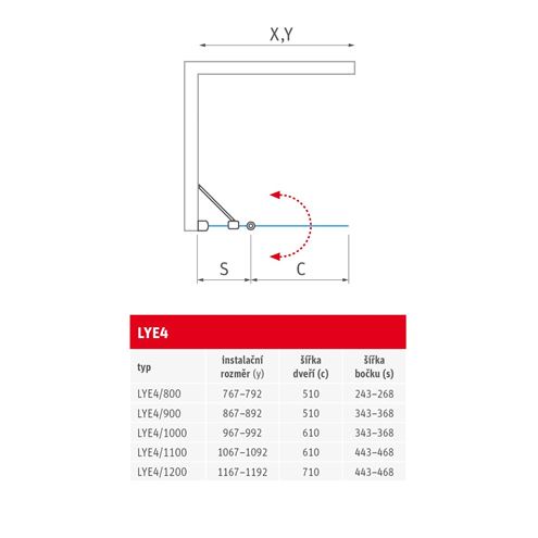 ROTH LIMAYA LINE LYE4/900 sprchové dvere 90x195 cm, lietacie, brillant/sklo transparent 1135008255 Technický nákres