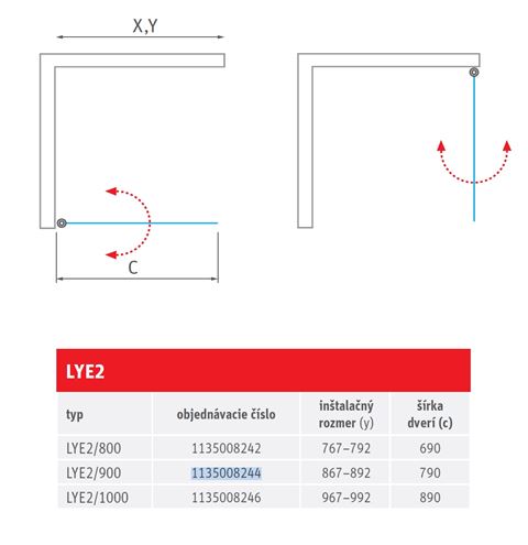 ROTH LIMAYA LINE LYE2/900 sprchové dvere 90x195 cm, lietacie, brillant/sklo transparent 1135008244 Technický nákres