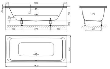 CONCEPT 200 rohová vaňa 180x80 cm, pre 2 osoby, bez nožičiek, smaltovaná oceľ 80CV Technický nákres