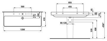LAUFEN PRO S umývadlo 120 cm, s 2 otvormi pre batérie a prepadom H8149650001071 Technický nákres