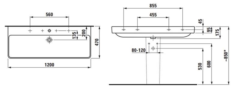 LAUFEN PRO S umývadlo 120 cm, s 2 otvormi pre batérie a prepadom H8149650001071 Technický nákres