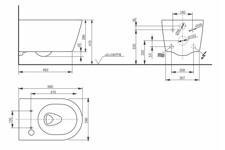 CONCEPT 200, 300 závesné WC, Rimless splachovanie 542ERY-CON-WC-R Technický nákres