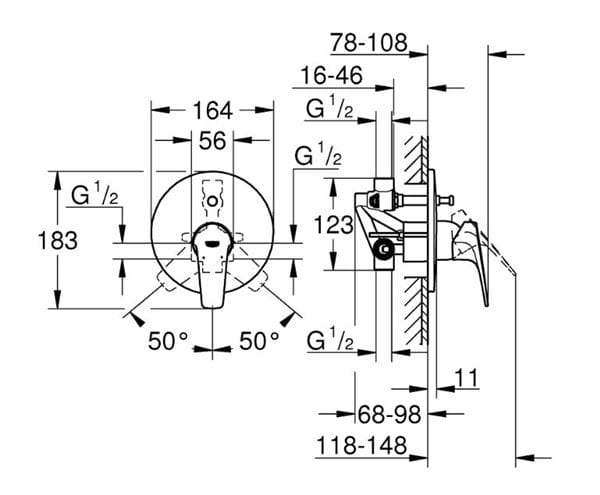 GROHE BAUFLOW vaňová podomietková batéria, s prepínačom, s telesom, chróm 29113000 Technický nákres