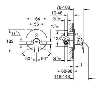 GROHE BAUFLOW vaňová podomietková batéria, s prepínačom, s telesom, chróm 29113000 Technický nákres
