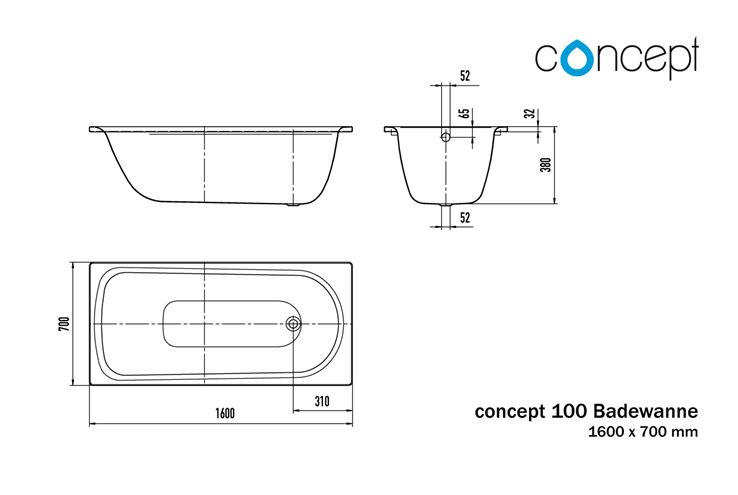 CONCEPT 100 vaňa 160x70 cm, bez nožičiek, smaltovaná oceľ 705615470001 Technický nákres