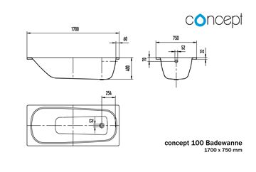 CONCEPT 100 vaňa 170x75 cm, bez nožičiek, smaltovaná oceľ 701615470001 Technický nákres