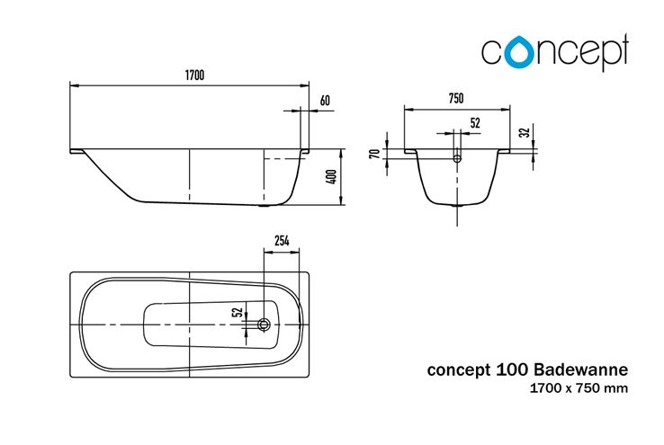 CONCEPT 100 vaňa 170x75 cm, bez nožičiek, smaltovaná oceľ 701615470001 Technický nákres
