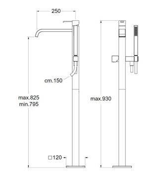 CRISTINA QUADRI vaňová batéria na podlahu, so sprchovou súpravou, chrome CRIQM18951 Technický nákres