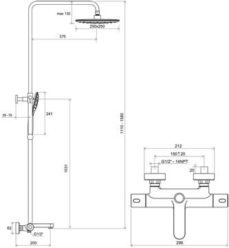 RAVAK TERMO 300 TE 092.01CR vaňová termostatická batéria, s hornou a ručnou sprchou s 3 prúdmi, chróm X070163 Technický nákres