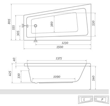 ROTH EVA SIDE 150 čelný panel k vani 150x54 cm, pravý 9790001 Technický nákres