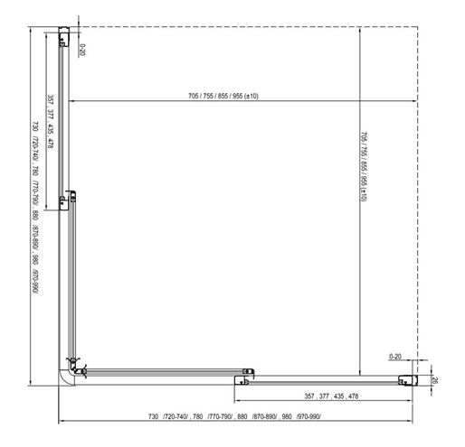 RAVAK SUPERNOVA SRV2 90 sprchové dvere 90x195 cm, posuvné, čierna/plast pearl 14V703O211 Technický nákres
