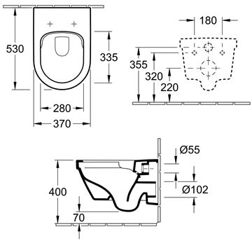 VILLEROY & BOCH ARCHITECTURA závesné WC, so SoftClosing sedadlom, DirectFlush splachovanie, alpská biela 4694HR01 Technický nákres