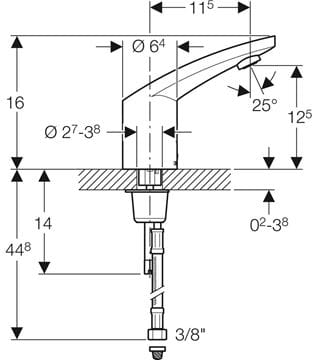 GEBERIT TYP 185 IR umývadlová batéria 11,5cm, senzorová, napájanie zo siete, bez nastavenia teploty, chróm lesk 116.145.21.1 Technický nákres