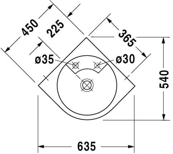 DURAVIT ARCHITEC umývadlo rohové 63,5 cm, s otvorom pre batériu, bez prepadu 0448450000 Technický nákres