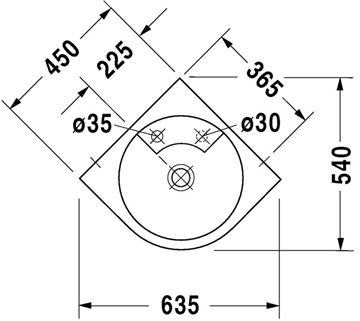 DURAVIT ARCHITEC umývadlo rohové 63,5 cm, s otvorom pre batériu, bez prepadu 0448450000 Technický nákres