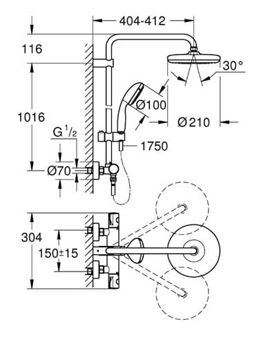 GROHE BAU SYSTEM 210 sprchový set s termostatickou batériou, horná sprcha, ručná sprcha, tyč, hadica, chróm 26699000 Technický nákres