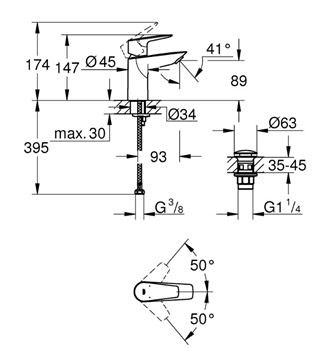 GROHE BAUEDGE umývadlová stojanková, s odtokovou súpravou, chróm 23895001 Technický nákres