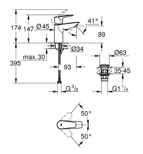 GROHE BAUEDGE umývadlová stojanková, s odtokovou súpravou, chróm 23895001 Technický nákres