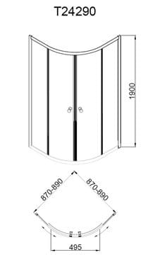 EASY NEO T24290 sprchový kút 90x90 cm, R550, posuvné dvere, chróm/sklo transparent T24290 Technický nákres
