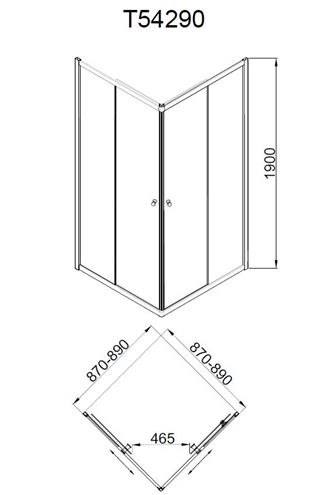 EASY NEO T54290 sprchový kút 90x90 cm, rohový vstup, posuvné dvere, chróm/sklo transparent T54290 Technický nákres