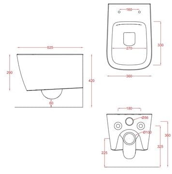 ARTCERAM A16 závesné WC, Rimless splachovanie ASV003 01,00 Technický nákres