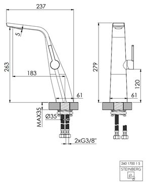 STEINBERG 260 umývadlová stojanková batéria, matná čierna 260 1700 1 S Technický nákres
