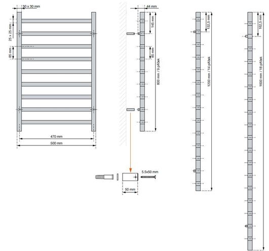 CONCEPT 200 CUBE kúpeľňový radiátor 1600/500, stredové pripojenie, matná čierna 9205 ART5-160-050-05-9205 Technický nákres