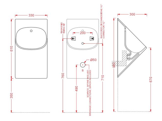 ARTCERAM LA FONTANA 2.0 pisoár, zadný prívod vody LFO002 01,00 Technický nákres