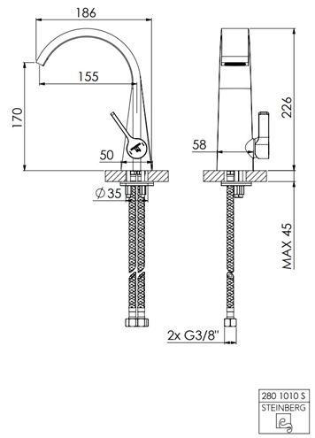 STEINBERG 280 umývadlová stojanková batéria, matná čierna 280 1010 S Technický nákres